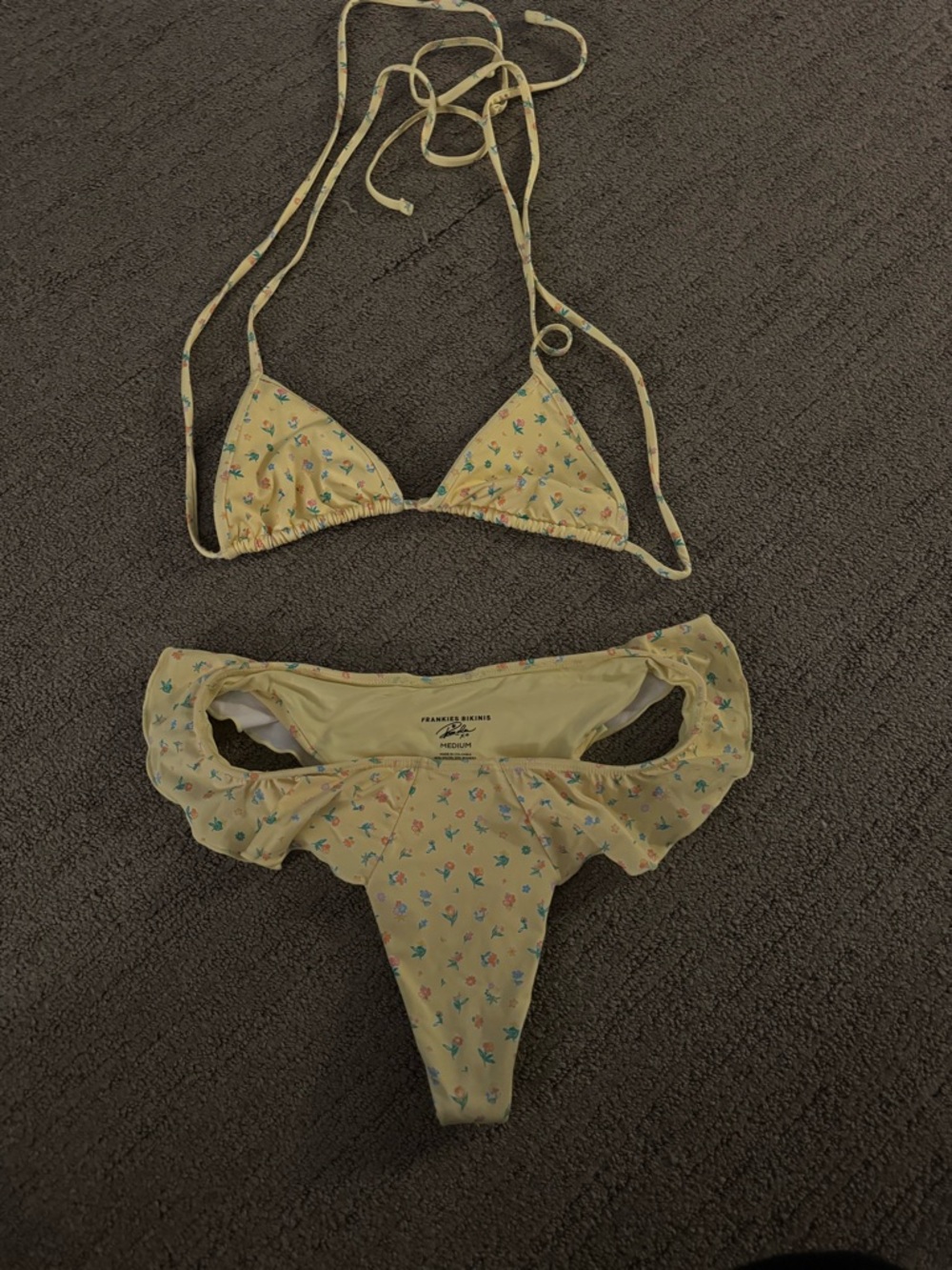 Frankie's Bikinis Yellow Floral Ruffle Triangle Bikini